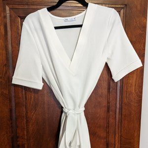 Zara White Belted V-neck Dress